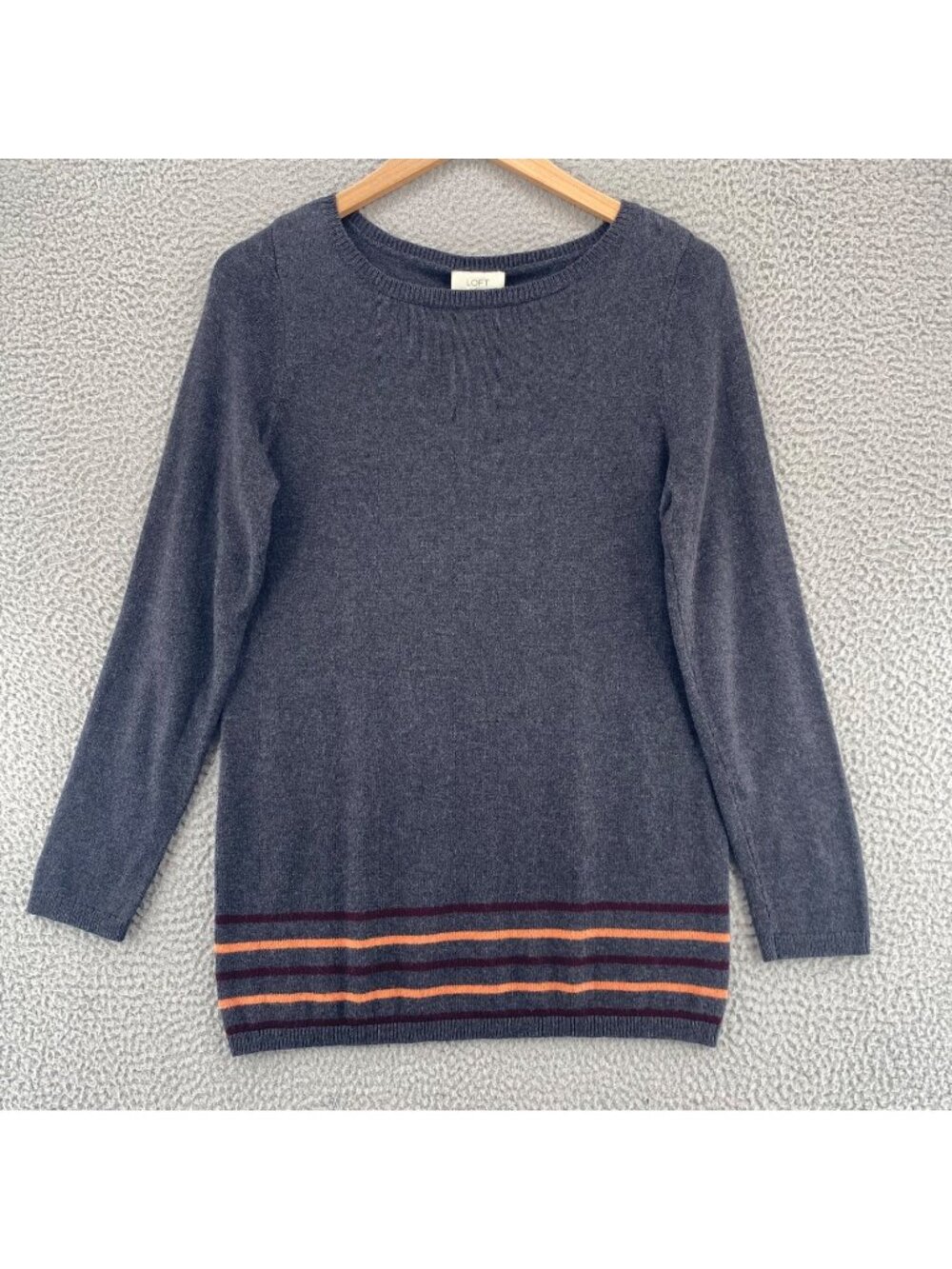 Ann Taylor LOFT Sweater Women Large Gray Striped Hem Boat Neck Cotton Blend Knit
